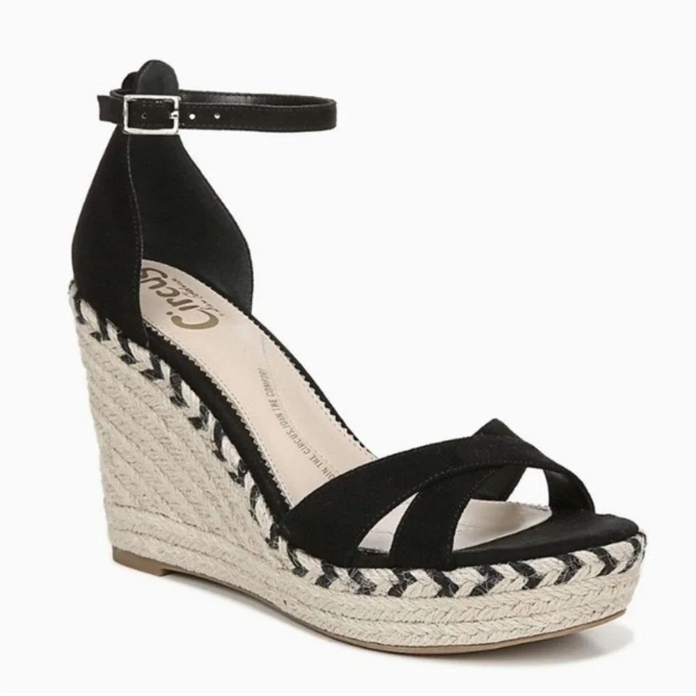 Circus by Sam Edelman Black Espadrille Wedge Sandals Ankle Strap Platform 7.5